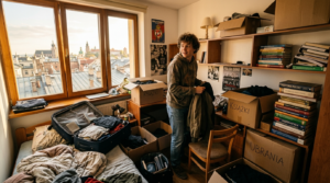 Student w ciasnym pokoju w krakowskim akademiku pełnym kartonów przed rokiem akademickim. Przeprowadzka i widok z okna na dachy Krakowa w złotym słońcu.