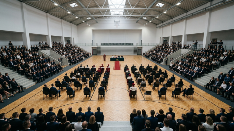 Inauguracja roku w Centrum Sportowym Uniwersytetu Gdańskiego. Widok z góry na odświętnych studentów i kadrę na parkiecie białej hali. Sport studencki na UG.