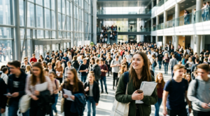 Kandydat na studia w słonecznym atrium. Tłum studentów w tle obrazuje rekordowy nabór na polskie uniwersytety i wpływowy podwójny rocznik.