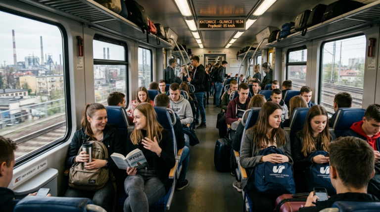 Studenci w pociągu Kolei Śląskich jadący na uczelnię. Komfortowe podróże studenckie polskimi kolejami na terenie Śląska.