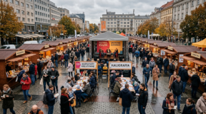 Festiwal Czas na Książki w Polsce. Jesienne miasteczko na rynku: stragany, scena i warsztaty literackie. Wydarzenie w Ząbkowicach Śląskich.