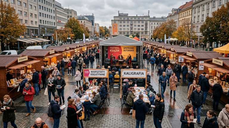 Festiwal Czas na Książki w Polsce. Jesienne miasteczko na rynku: stragany, scena i warsztaty literackie. Wydarzenie w Ząbkowicach Śląskich.