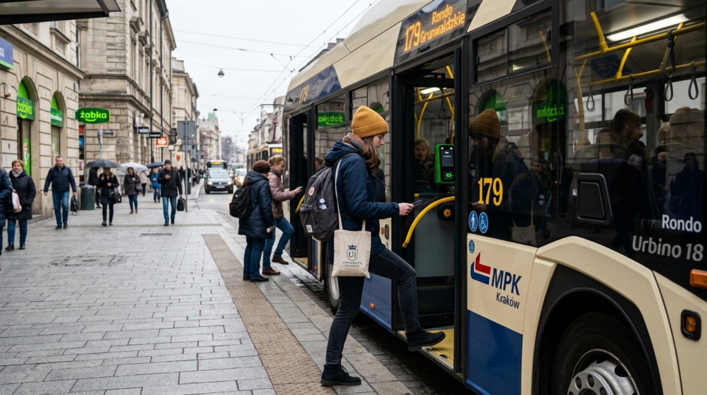 Studentka wsiadająca do autobusu miejskiego w Krakowie, Polska. Tani roczny bilet studencki na podróże studenckie i przejazdy komunikacją miejską.