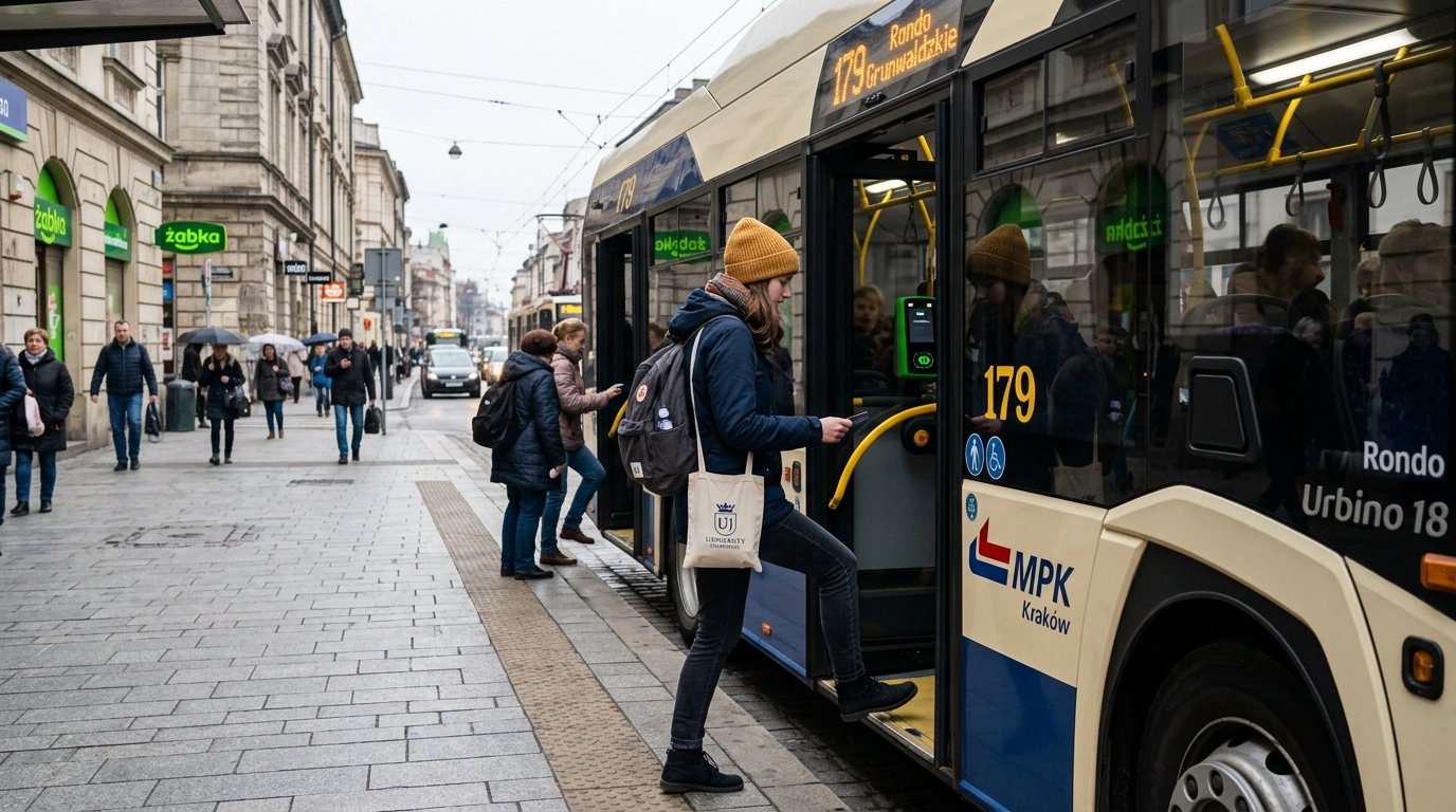 Studentka wsiadająca do autobusu miejskiego w Krakowie, Polska. Tani roczny bilet studencki na podróże studenckie i przejazdy komunikacją miejską.