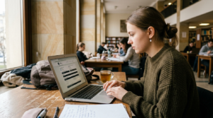 Studentka medycyny w Polsce wypełnia na laptopie wniosek o stypendium Powiatu Nyskiego. Widoczny formularz online z polami wyboru na ekranie komputera.