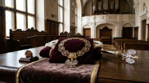 Insygnia rektorskie: łańcuch, berło i toga na stole w auli. Inauguracja jubileuszowego roku akademickiego na Uniwersytecie Jana Długosza w Częstochowie.
