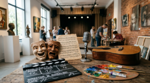 Studencki Weekend Kultury 2026 w Szczecinie: maski teatralne, mikrofon, klaps filmowy i pędzel. Darmowe atrakcje kulturalne, kino, muzyka, sztuka i rozrywka.