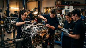 Studenci inżynierii pracują przy silniku w warsztacie. Dzień Mechanika 2026 i studia techniczne w praktyce. Nowoczesna nauka zawodu i aktywność studencka.