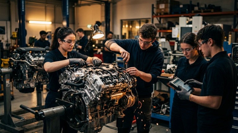 Studenci inżynierii pracują przy silniku w warsztacie. Dzień Mechanika 2026 i studia techniczne w praktyce. Nowoczesna nauka zawodu i aktywność studencka.