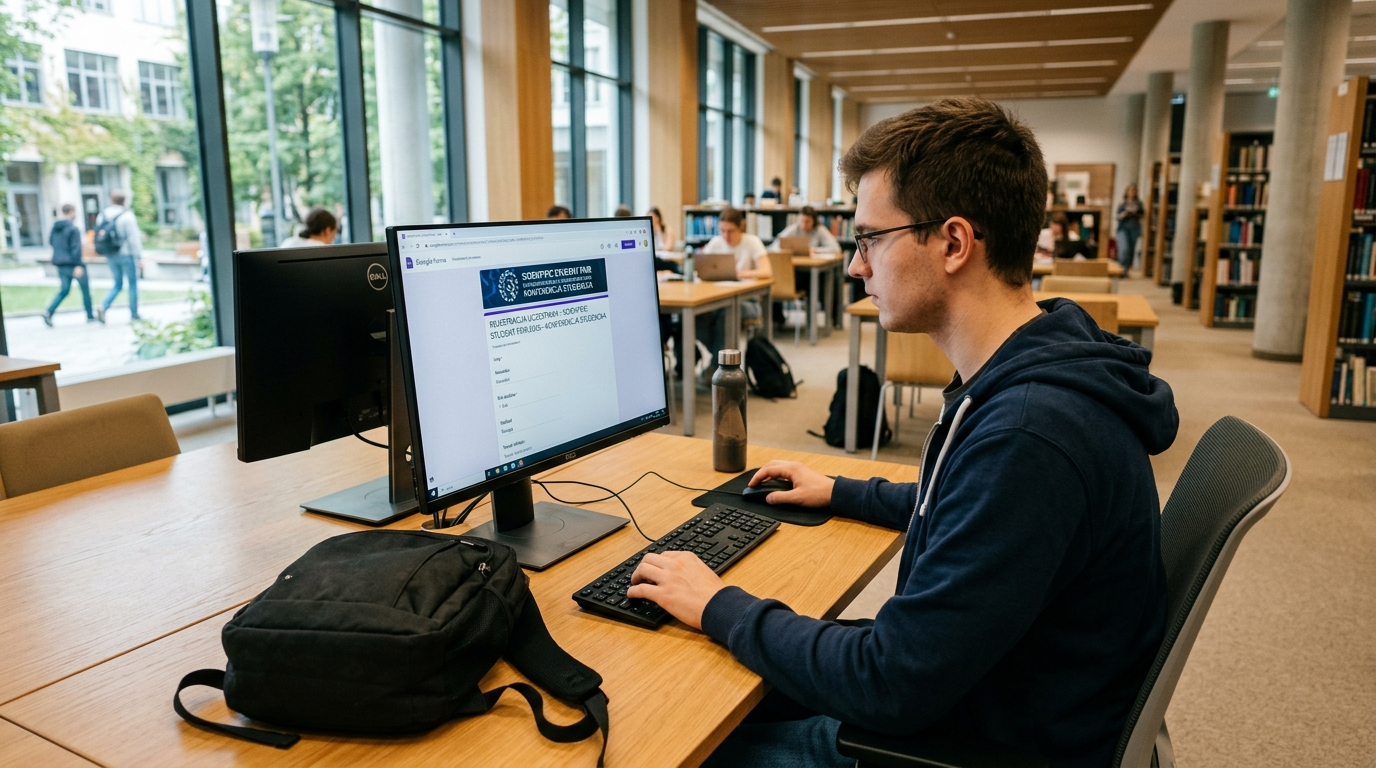 Student 1 roku Politechniki Białostockiej w Polsce wypełnia formularz Scientific Student Fair 2026 przy komputerze w bibliotece. Puste biurko, rekrutacja na targi.