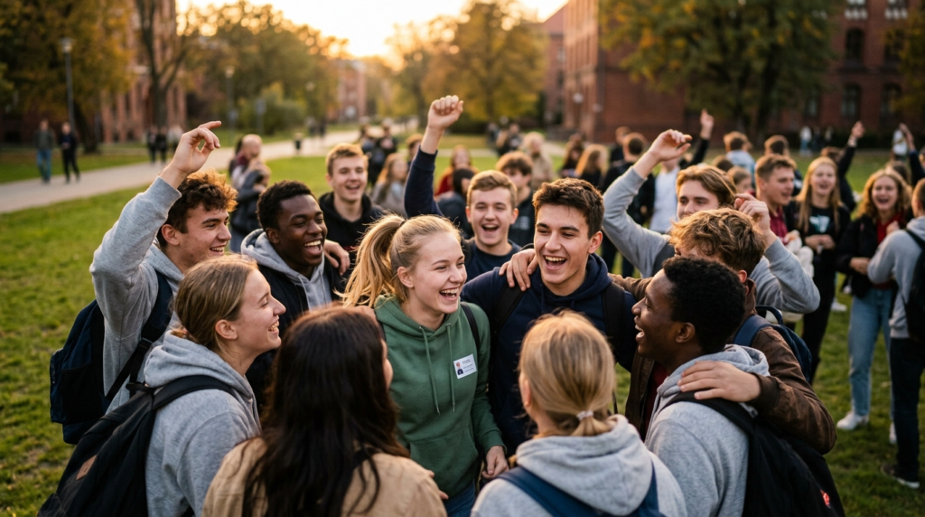 Uśmiechnięci studenci pierwszego roku na integracji Adapciak 2026 w Nowym Targu. Radosna grupa młodych ludzi w promieniach słońca, atmosfera nowej wspólnoty.
