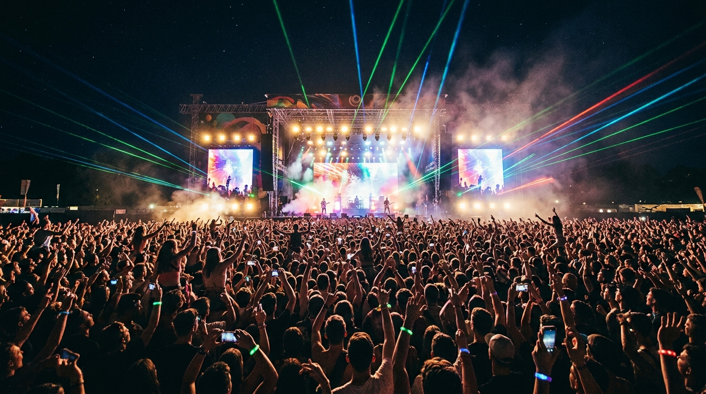 Rzeszowskie Juwenalia 2026 w Polsce. Nocny festiwal w Rzeszowie, kolorowe lasery i wiwatujący tłum ludzi z rękami w górze pod rozświetloną sceną.