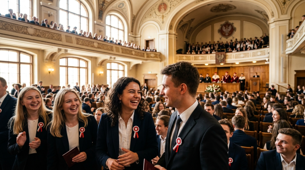 Entuzjastyczni studenci pierwszego roku w słonecznej auli Uniwersytetu Kazimierza Wielkiego. Uroczysta immatrykulacja i rozpoczęcie roku akademickiego na UKW.