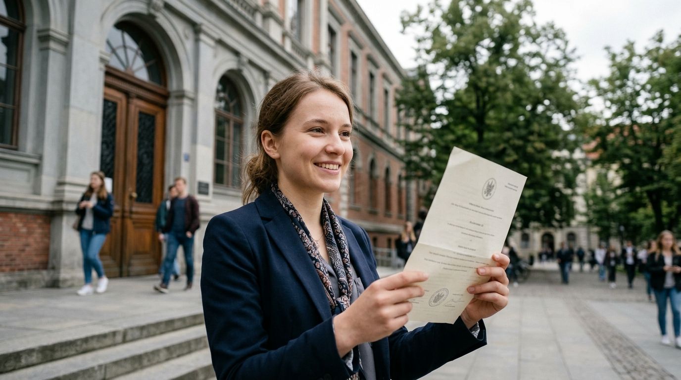Uśmiechnięta polska studentka i laureatka olimpiady trzyma dokument na stypendium studenckie we Wrocławiu 2026. Finansowe wsparcie dla studentów do 1000 zł.