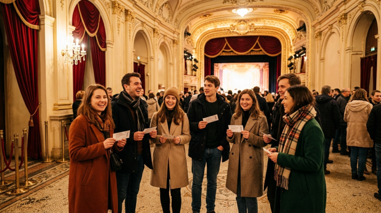 Uśmiechnięci studenci w zimowych strojach trzymają bilety w foyer Teatru Narodowego. Czerwony aksamit i złote światło podczas grudniowych spektakli.