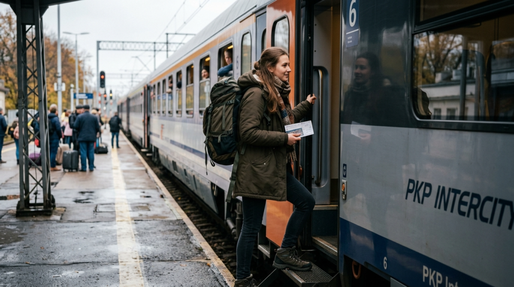 Polska studentka z plecakiem i biletem wsiada późną jesienią do pociągu PKP Intercity. Podróże studenckie wymagają ważnej legitymacji studenckiej.