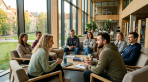 Studenci medycyny w Gdańsku podczas zajęć wspierających zdrowie psychiczne w słonecznej sali w Polsce. Nowoczesna uczelnia i spokojna rozmowa o dobrostanie.