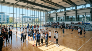 Centrum sportowe Uniwersytetu Gdańskiego. Studenci w słonecznej hali z drewnianym parkietem i szklaną architekturą. Nowoczesny obiekt i sport studencki.