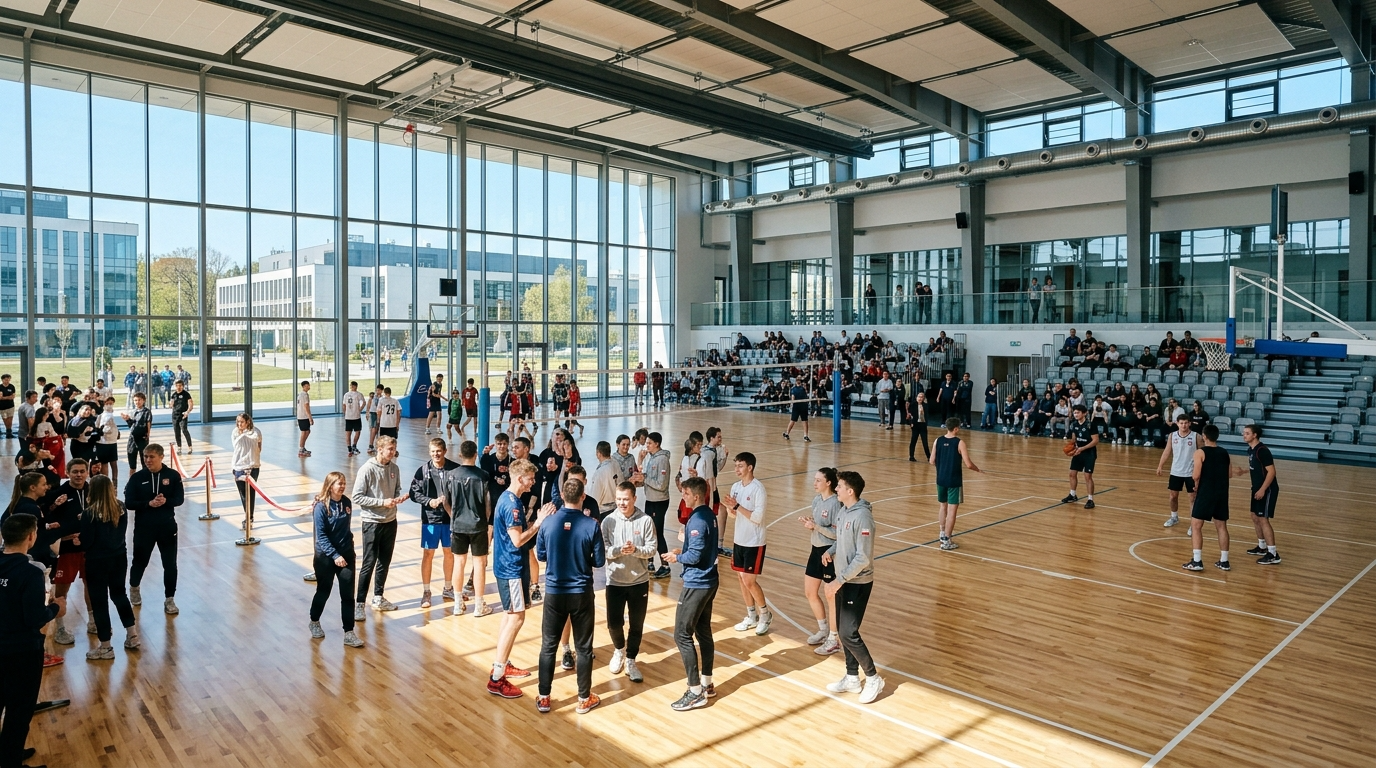 Centrum sportowe Uniwersytetu Gdańskiego. Studenci w słonecznej hali z drewnianym parkietem i szklaną architekturą. Nowoczesny obiekt i sport studencki.