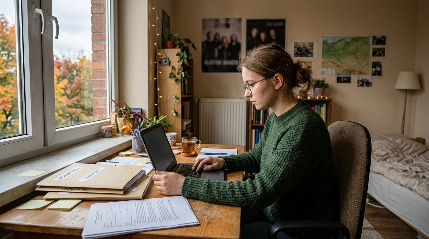 Studentka UKW w Bydgoszczy wypełnia wnioski o stypendia na laptopie w pokoju. Obok leżą teczki z dokumentami. Elektroniczne stypendia i prawa studenta.