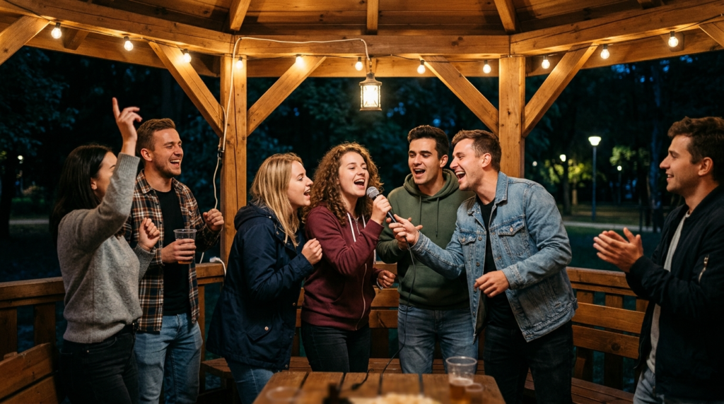 Studenci Politechniki Rzeszowskiej bawią się w karaoke w altanie. Wieczorna integracja OkToBeer, jesienna rozrywka i wspólne śpiewanie na świeżym powietrzu.