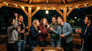 Studenci Politechniki Rzeszowskiej bawią się w karaoke w altanie. Wieczorna integracja OkToBeer, jesienna rozrywka i wspólne śpiewanie na świeżym powietrzu.