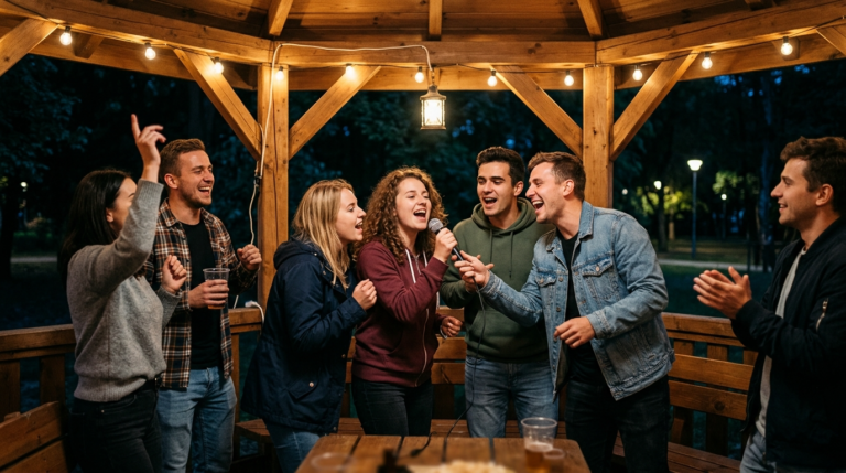Studenci Politechniki Rzeszowskiej bawią się w karaoke w altanie. Wieczorna integracja OkToBeer, jesienna rozrywka i wspólne śpiewanie na świeżym powietrzu.
