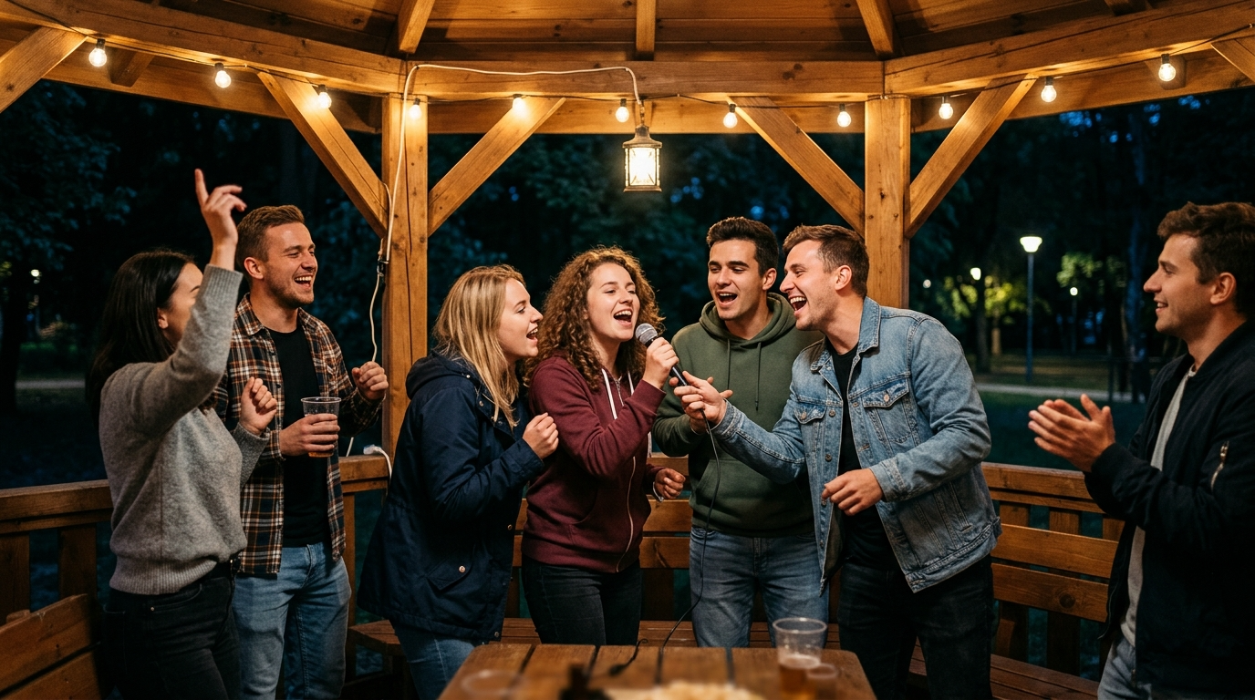 Studenci Politechniki Rzeszowskiej bawią się w karaoke w altanie. Wieczorna integracja OkToBeer, jesienna rozrywka i wspólne śpiewanie na świeżym powietrzu.