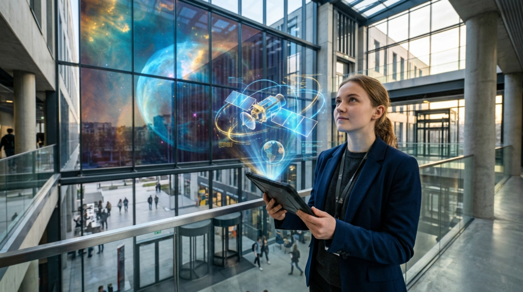 Młody student SGH analizuje hologram satelity w nowoczesnej hali. Kariera w przemyśle kosmicznym, futurystyczne oświetlenie i nebula w oknach uczelni.