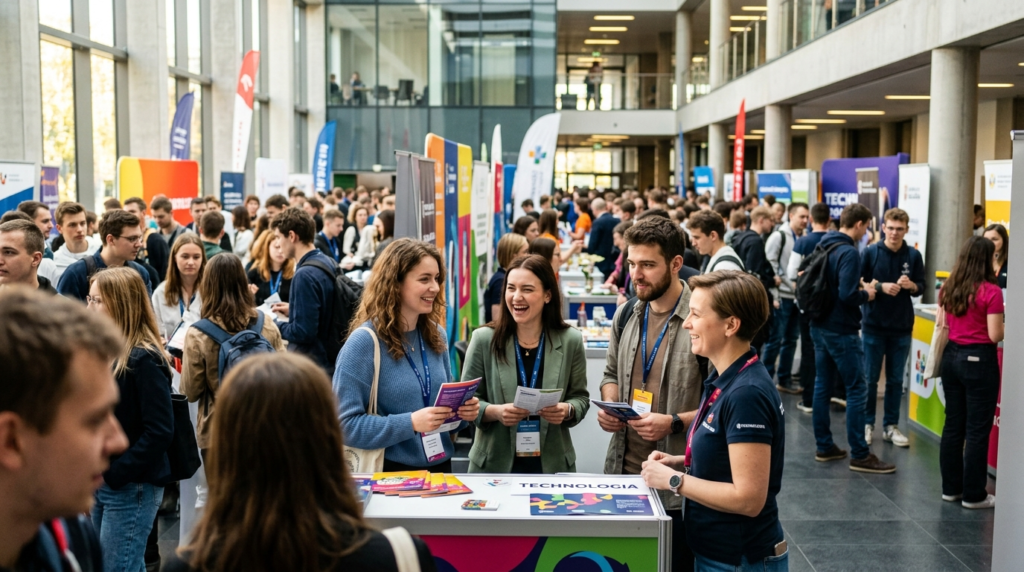 Studenci na Targach Organizacji Studenckich AGH w Polsce. Dynamiczny networking przy stoiskach w jasnym holu sprzyja rozwojowi kariery i aktywności.