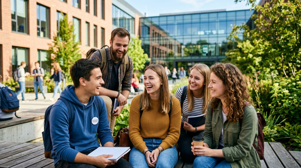 Roześmiani studenci UKEN rozmawiają na słonecznym dziedzińcu uczelni w Polsce. Integracja pierwszego roku podczas porannych godzin rektorskich.