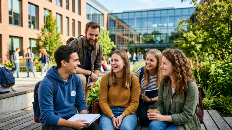 Roześmiani studenci UKEN rozmawiają na słonecznym dziedzińcu uczelni w Polsce. Integracja pierwszego roku podczas porannych godzin rektorskich.