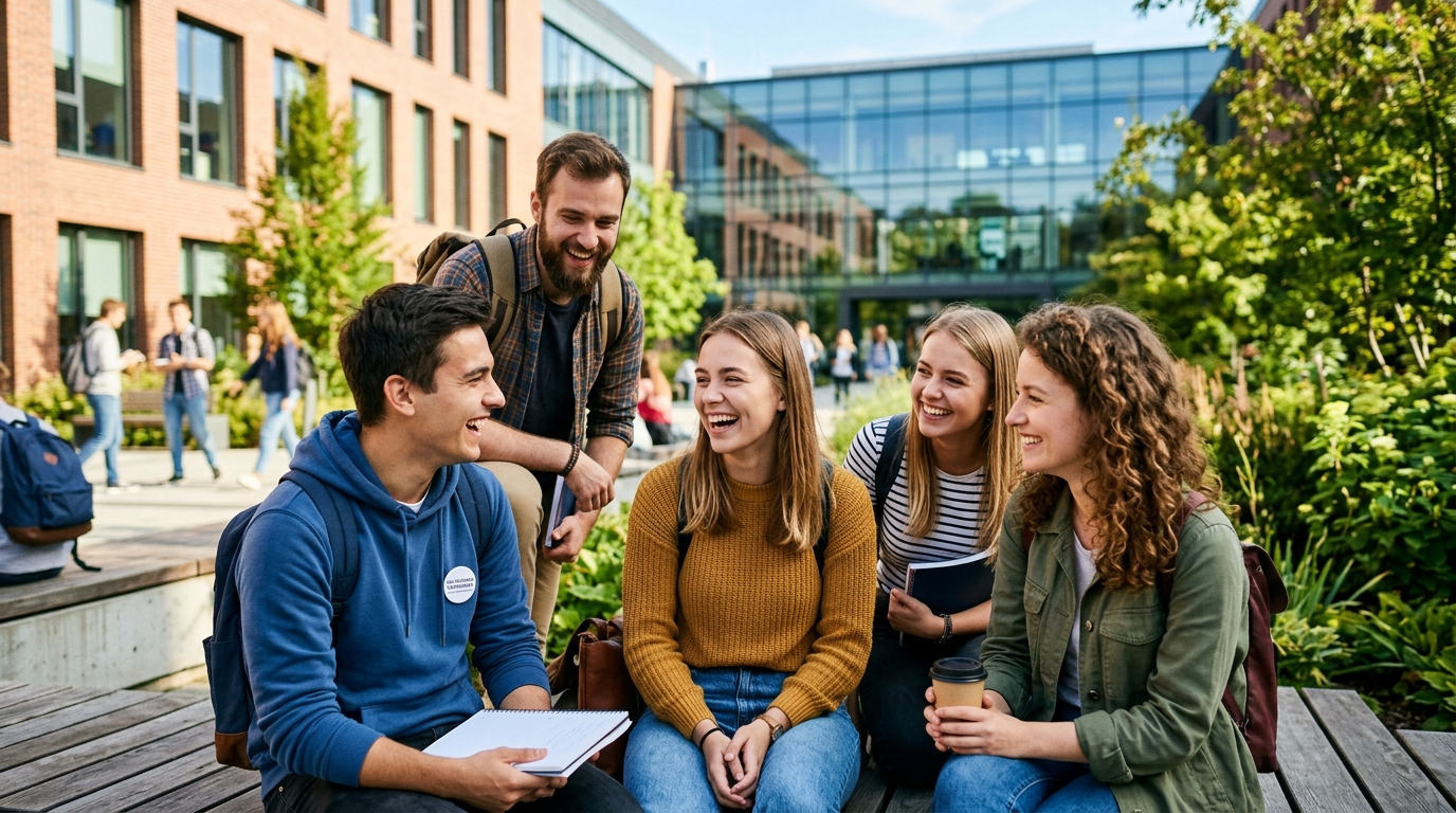 Roześmiani studenci UKEN rozmawiają na słonecznym dziedzińcu uczelni w Polsce. Integracja pierwszego roku podczas porannych godzin rektorskich.