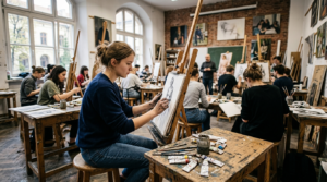 Studentka studiów artystycznych siedząca na zajęciach w uczelni w Polsce. Stypendia Mazowsza na autorskie projekty artystyczne i wsparcie zdolnych studentów.