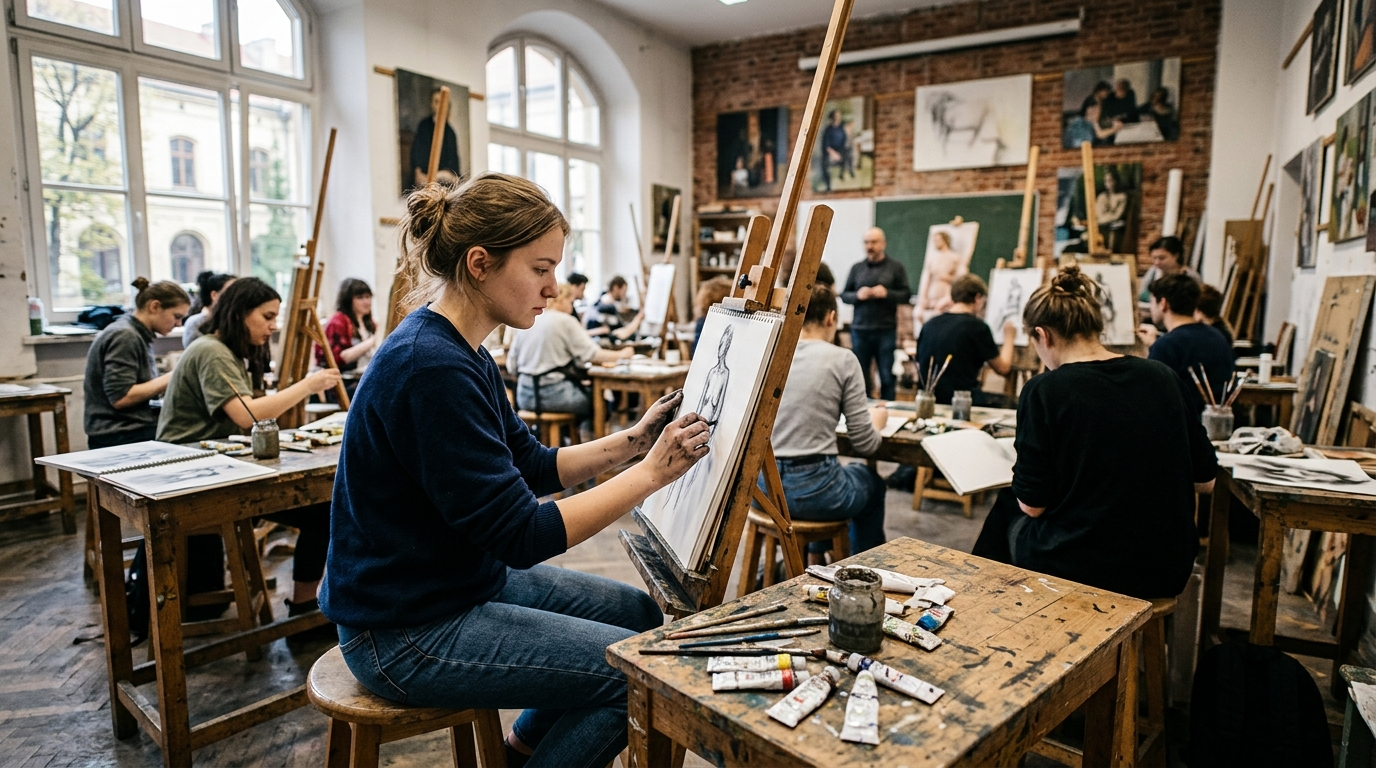 Studentka studiów artystycznych siedząca na zajęciach w uczelni w Polsce. Stypendia Mazowsza na autorskie projekty artystyczne i wsparcie zdolnych studentów.
