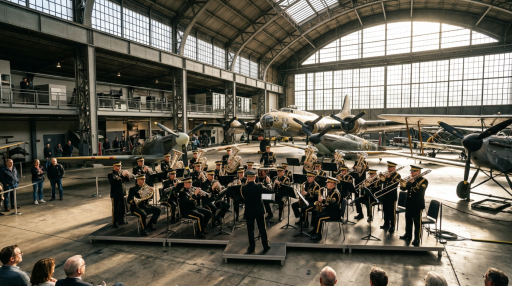Krakowska Orkiestra Dęta gra koncert w Muzeum Lotnictwa. Muzycy w mundurach z lśniącymi instrumentami dętymi wśród zabytkowych samolotów w słonecznym hangarze.