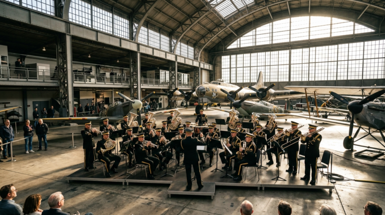 Krakowska Orkiestra Dęta gra koncert w Muzeum Lotnictwa. Muzycy w mundurach z lśniącymi instrumentami dętymi wśród zabytkowych samolotów w słonecznym hangarze.