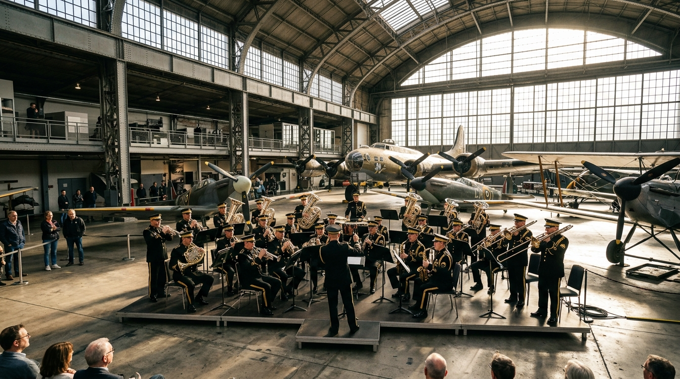 Krakowska Orkiestra Dęta gra koncert w Muzeum Lotnictwa. Muzycy w mundurach z lśniącymi instrumentami dętymi wśród zabytkowych samolotów w słonecznym hangarze.