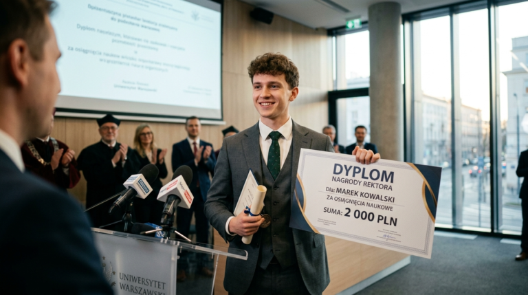 Elegancki student Politechniki Lubelskiej z czekiem na ok. 2000 zł za sukces naukowy w programie Nagroda Erste. Laureat w kategorii studia i kariera.