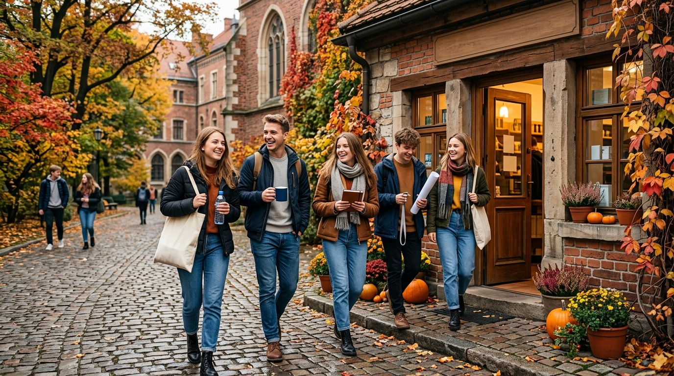 Studenci w Bydgoszczy wychodzą ze stacjonarnego sklepu z gadżetami uczelnianymi w jesiennej scenerii, niosąc torbę eko, kubek i zakładkę.