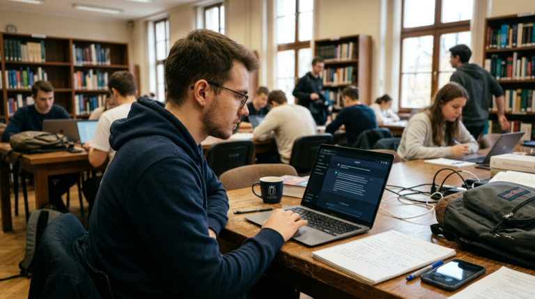 Polski student korzysta z ChatGPT na laptopie. Darmowy pakiet Google AI Plus to nowa promocja i zniżka dla studentów na nowoczesne narzędzia sztucznej inteligencji.