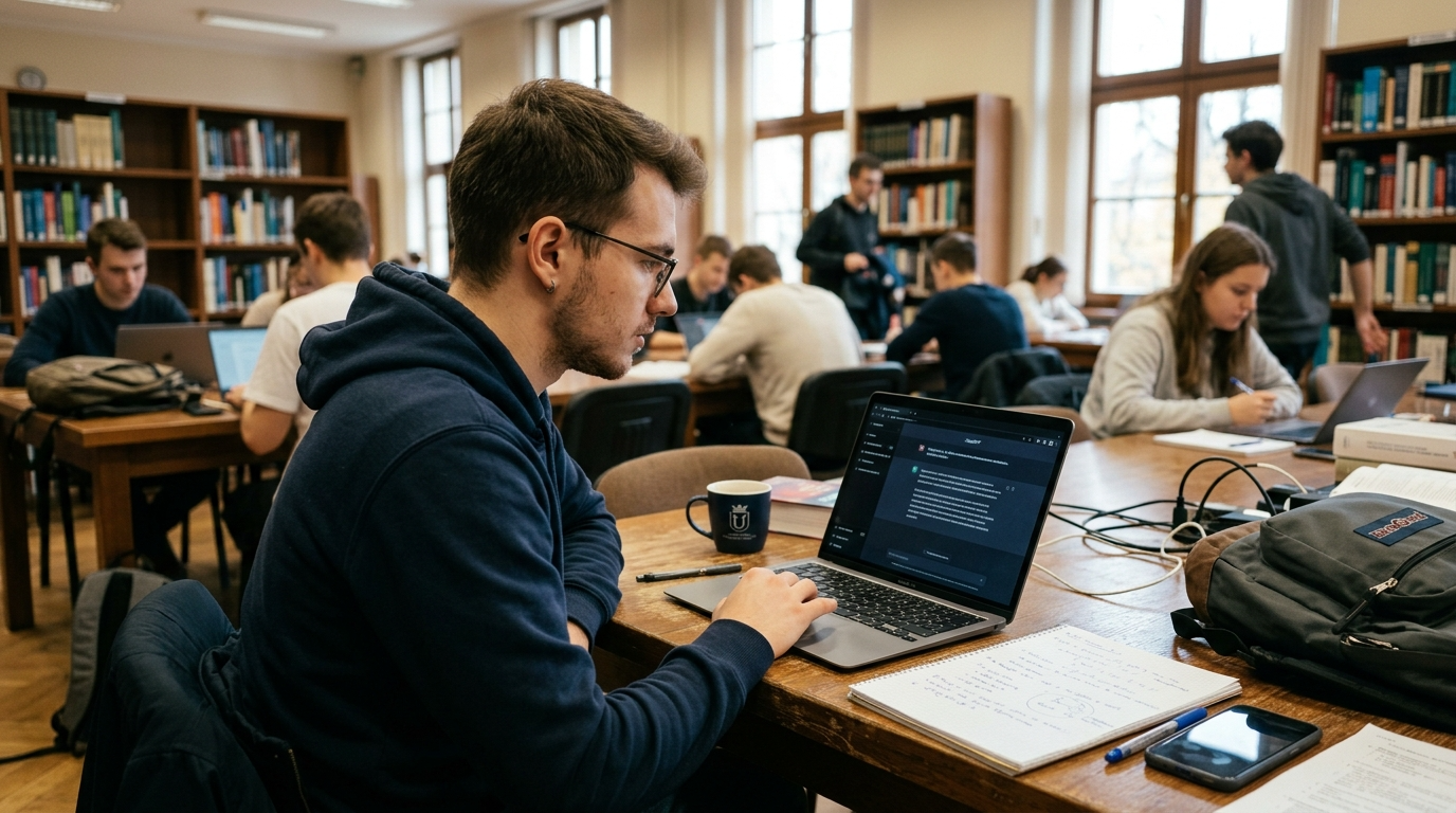 Polski student korzysta z ChatGPT na laptopie. Darmowy pakiet Google AI Plus to nowa promocja i zniżka dla studentów na nowoczesne narzędzia sztucznej inteligencji.