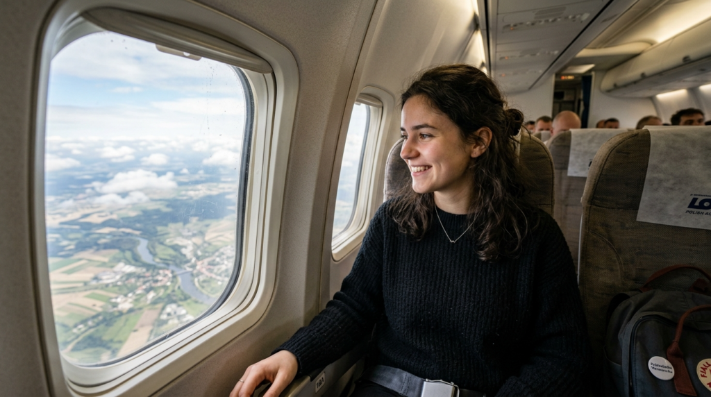 Uśmiechnięta polska studentka w samolocie patrząca przez okno na jesienny city break w Europie. Tanie podróże studenckie i loty w atrakcyjnych cenach.
