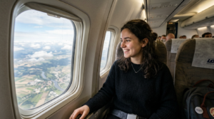 Uśmiechnięta polska studentka w samolocie patrząca przez okno na jesienny city break w Europie. Tanie podróże studenckie i loty w atrakcyjnych cenach.