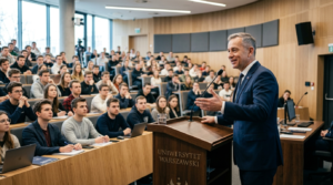 Charyzmatyczny polityk w garniturze prowadzi dynamiczny wykład na Uniwersytecie Radomskim. Prelegent przy mównicy w nowoczesnej sali wypełnionej studentami.