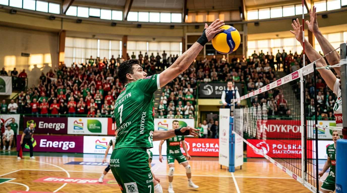 Ręka zawodnika Energa Indykpol AZS Olsztyn w zielonej koszulce podczas ataku na hali. Dynamiczna akcja siatkówki, sport studencki, start sezonu.