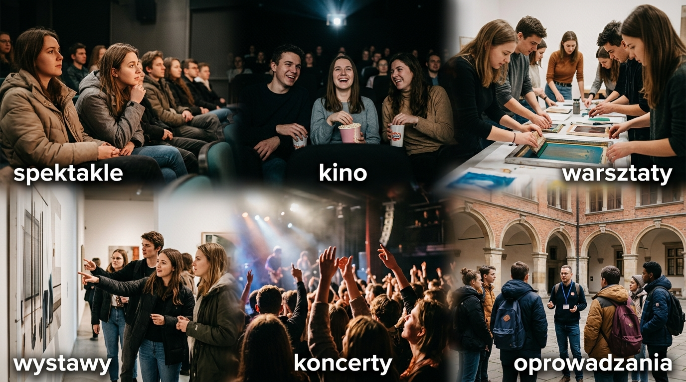 Kolaż: studenci na koncercie, warsztatach i wystawie. Studencki Weekend Kultury 2026 w Szczecinie. Jesienna rozrywka, kino i spektakle dla polskiej młodzieży.