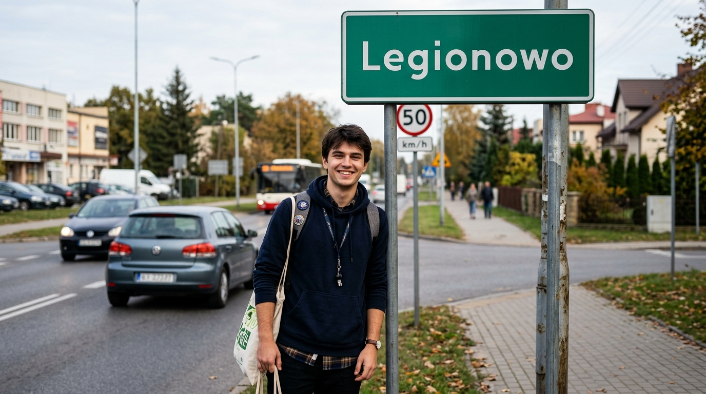 Uśmiechnięty student z Legionowa stoi przy tablicy z nazwą miasta. Stypendium 5000 zł dla studentów z Legionowa, program stypendia i prawa studenta.