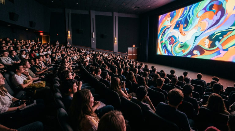 Kolorowa animacja na dużym ekranie w sali kinowej. Widownia na krakowskim festiwalu filmowym ogląda profesjonalne animacje i studenckie etiudy filmowe.