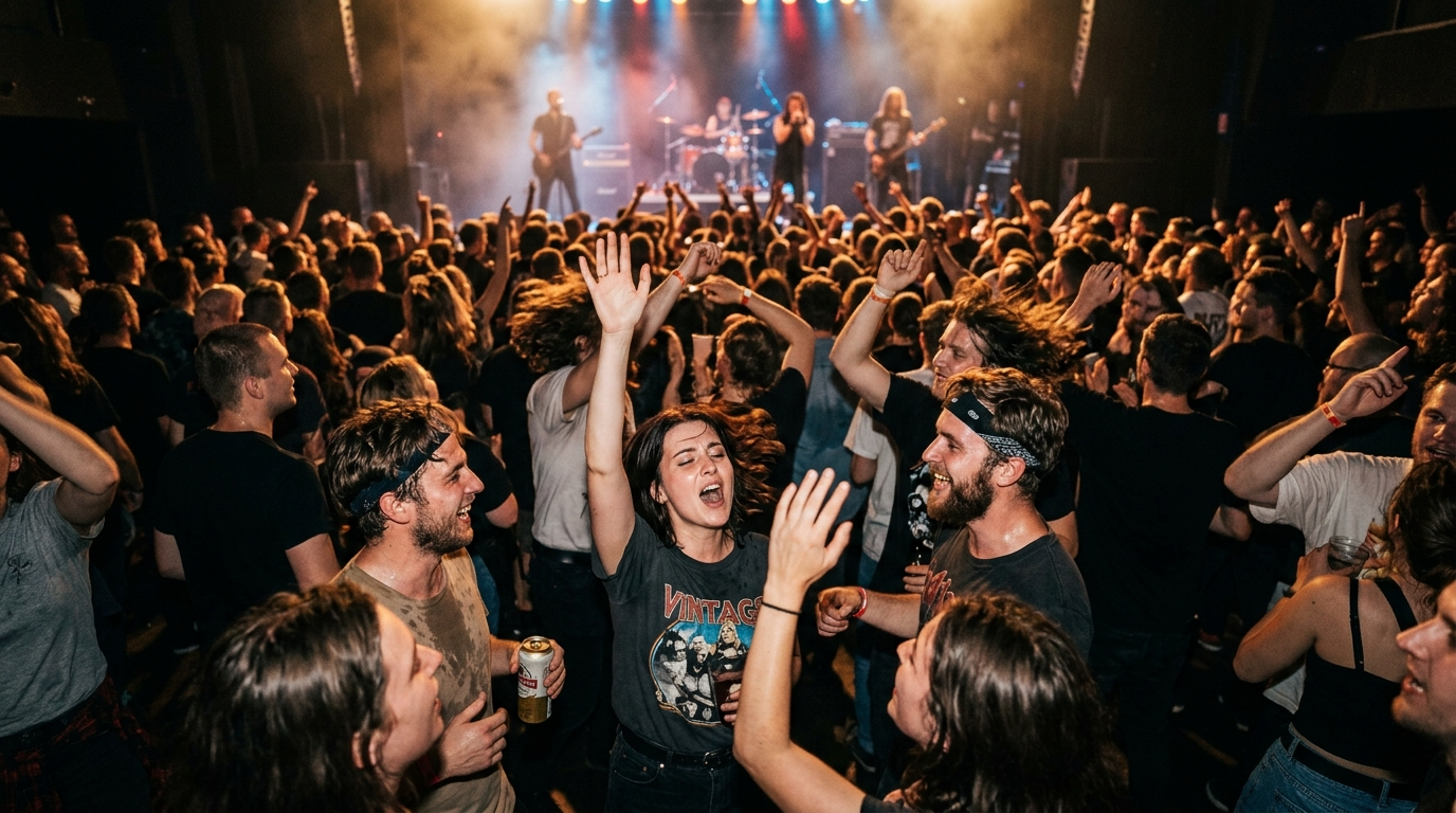 Studenci bawiący się na jubileuszowym koncercie Radia Akadera w Białymstoku. Tłum pod sceną, na której gra legenda polskiego rocka w klubowym klimacie.